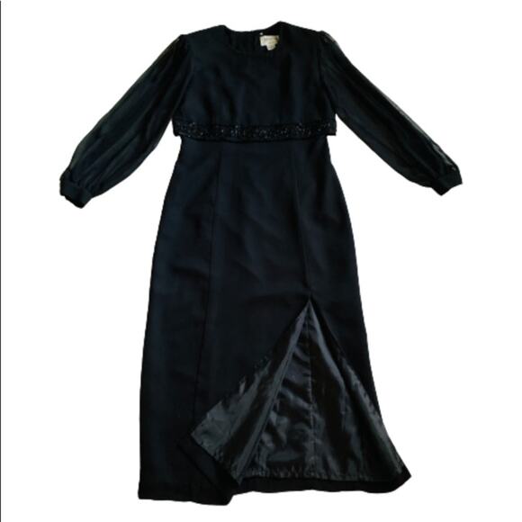 Jeffrey & Dara Dress by Linda Hutley Black Beaded Puff Sheer Sleeve Formal 10 - Picture 12 of 14